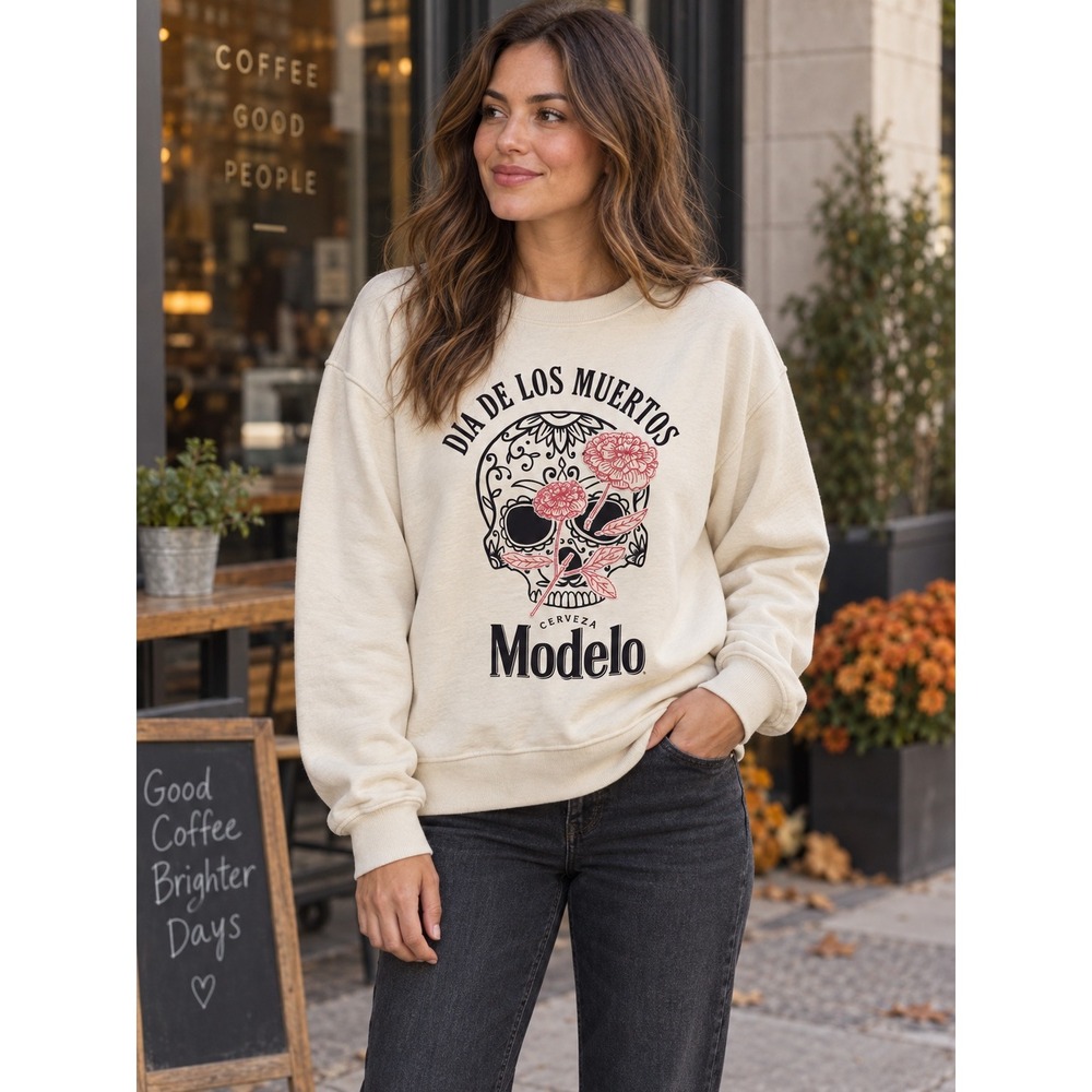 Lucky Brand Modelo Sweatshirt Mens L Cream Dia de Los Muertos Graphic 135822